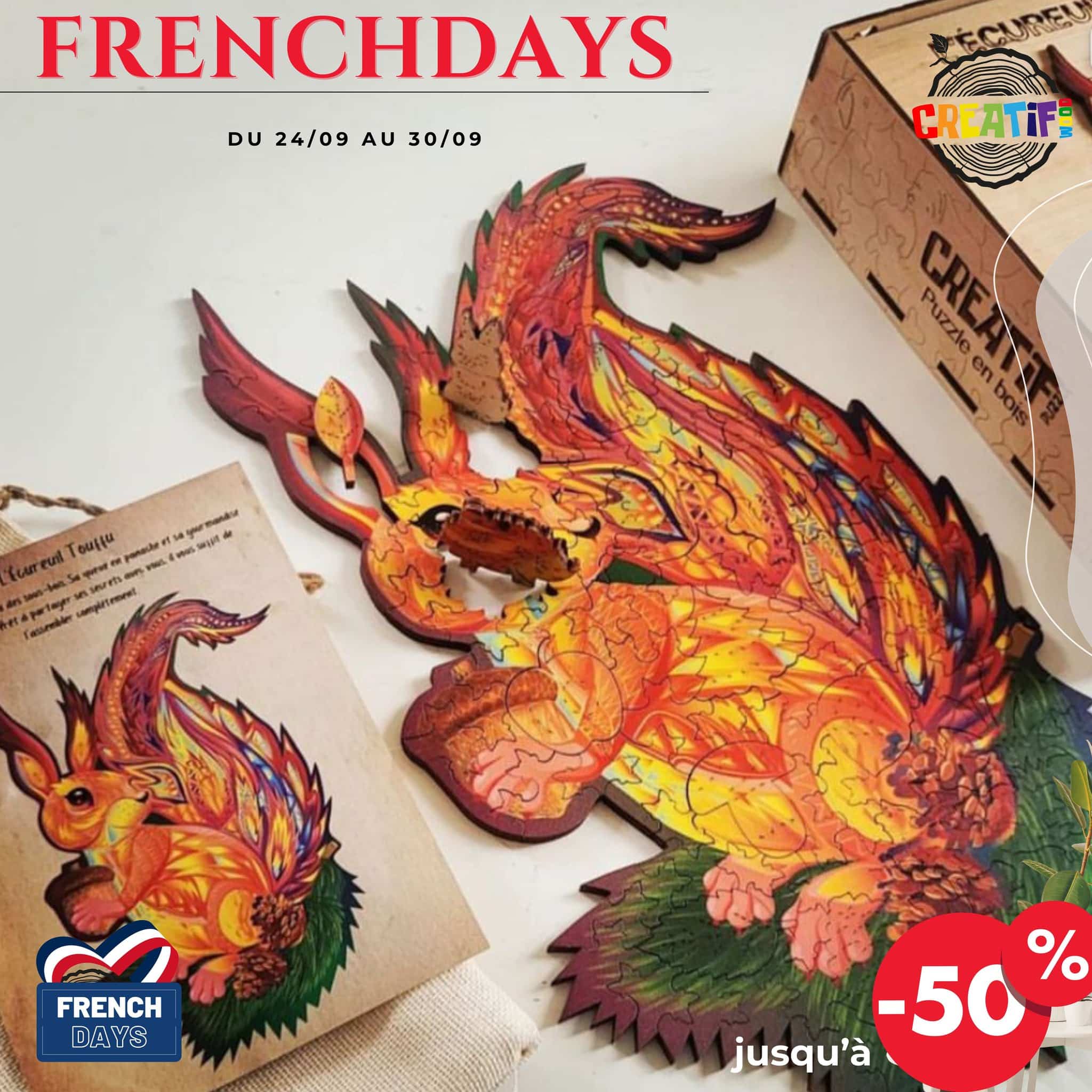 🔥 French Days = bons plans bois 🔥
Cartes murales, puzzles design, carnets gravés… pendant une semaine, tout l’univers Créatifwood est jusqu’à -50%.
⏳ Offres valables du 24 au 30 septembre seulement.