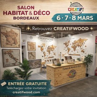 ✨ CREATIFWOOD au Salon Habitat & Déco Bordeaux ✨

Nous sommes heureux de vous inviter à nous rencontrer les 6, 7 et 8 mars au
📍 Parc des Expositions – Bordeaux
📌 Stand F10

Venez découvrir nos cartes du monde en bois, nos modèles 2D & 3D, et échanger avec nous sur vos projets décoration ✨

C’est l’occasion parfaite pour voir nos créations en vrai, découvrir les finitions et choisir la carte idéale pour votre intérieur.

🎟 Nous vous offrons votre entrée gratuite :
👉 Téléchargez votre invitation ici :

https://drive.google.com/file/d/1-Zy_QcQhBAL2TPe4qA3a9T65TRq6f2E6/view?usp=drivesdk

Nous avons hâte de vous rencontrer 🤍

#creatifwood #salonhabitat #decointerieur #cartedumonde #bordeaux