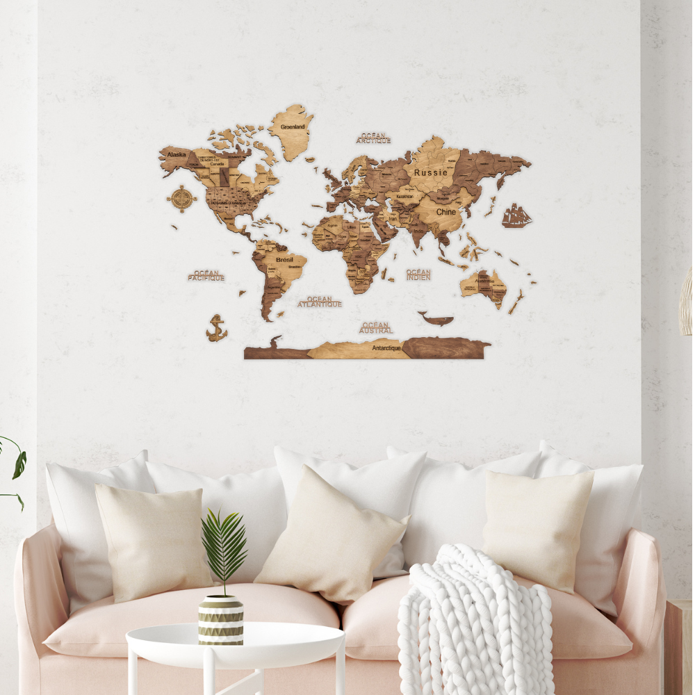 Carte du monde en bois 3D M Foncée | Сreatifwood