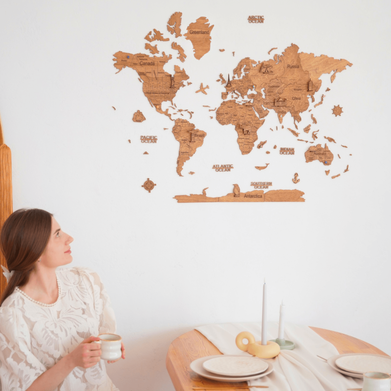 Carte Du Monde Murale En Bois MDF Noir 130x72 Cm - Décoration Design Et Précise
