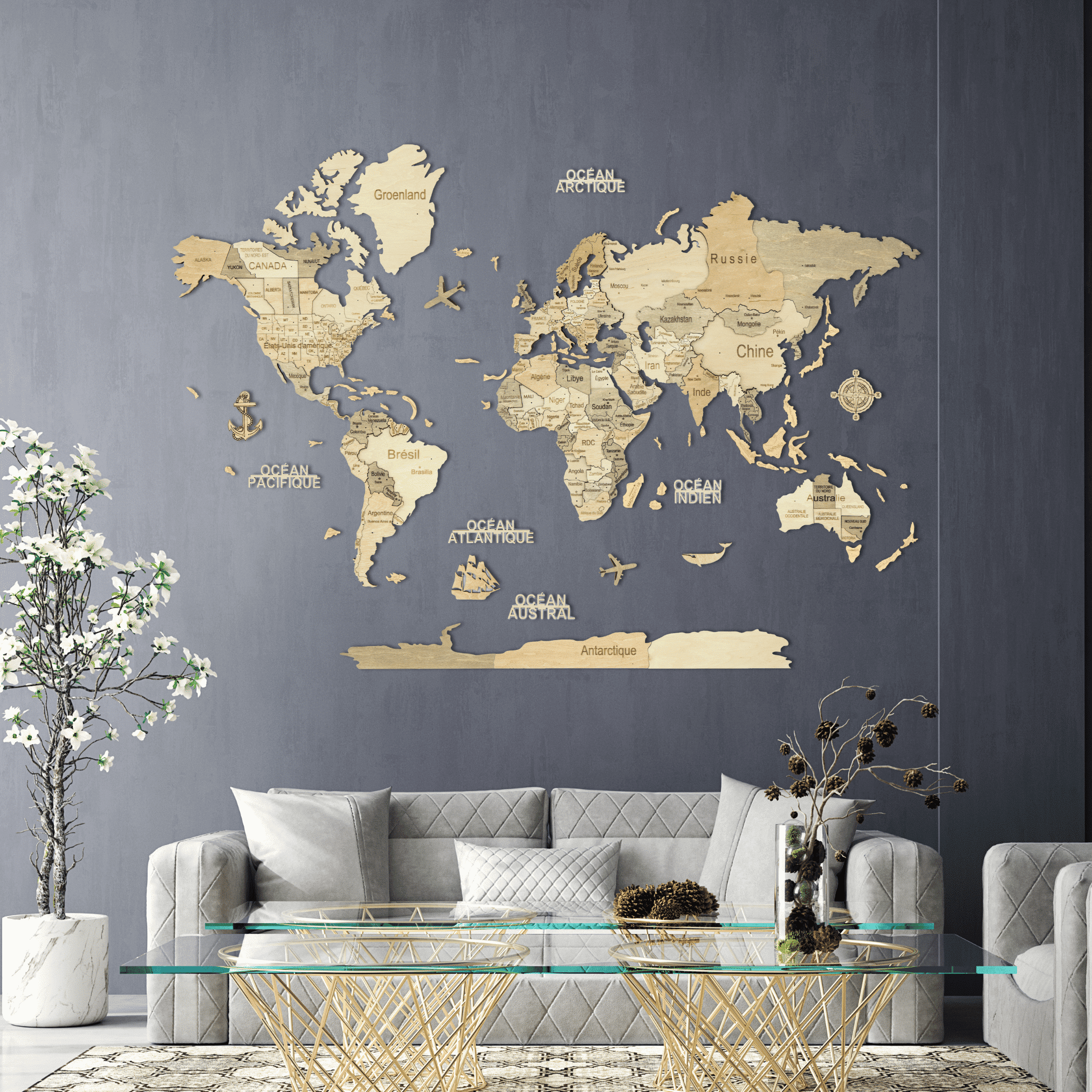 XL Carte du monde murale en bois