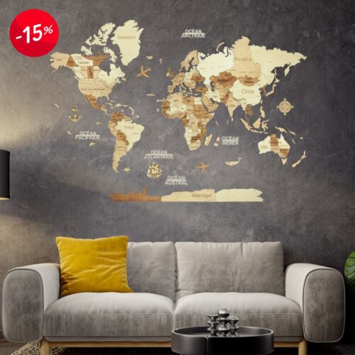 Carte du monde en bois 3D Ambrée