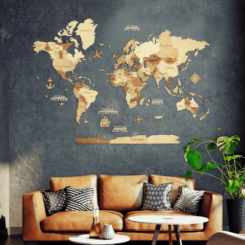 Carte du monde murale en bois