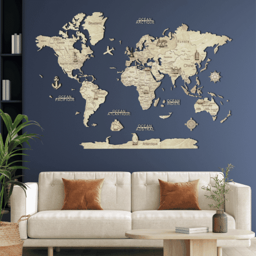 Carte du monde murale en bois