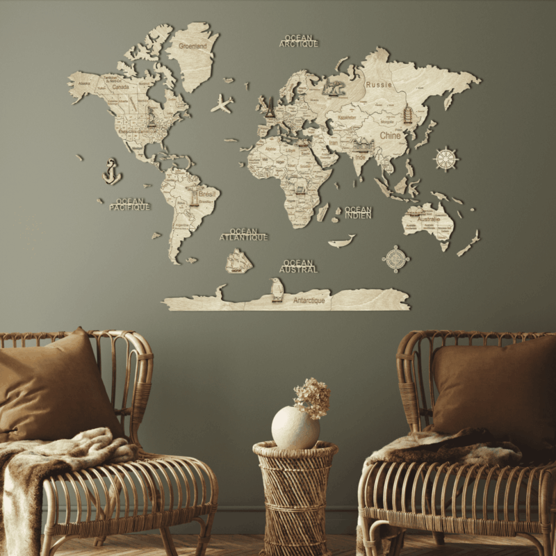 Carte du monde murale en bois