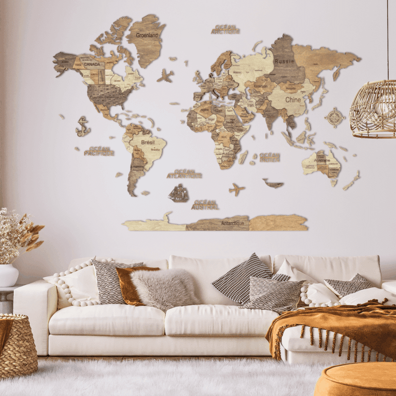 Carte du monde murale en bois