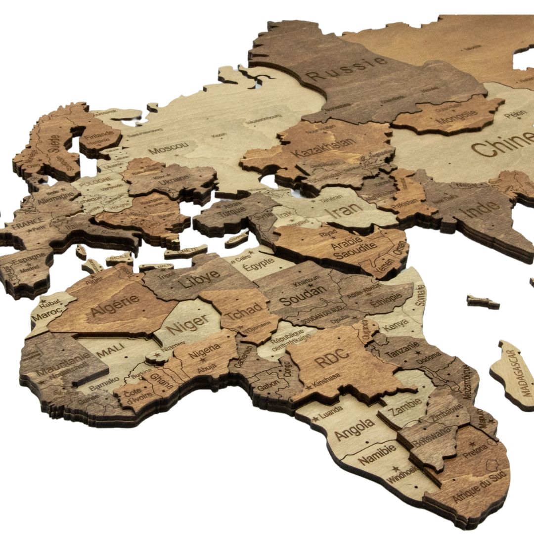 Carte du Monde 3D en Bois - 130x78 cm - Marron