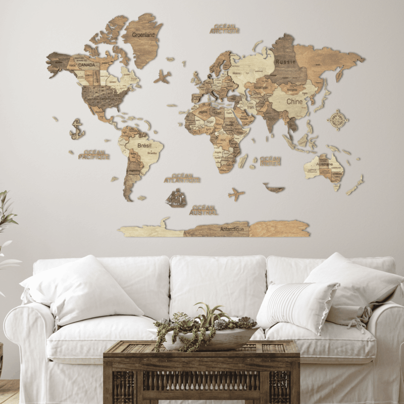 Carte du monde murale en bois