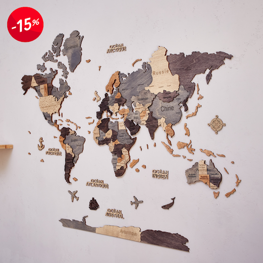 Carte du monde en bois 3D Foncée