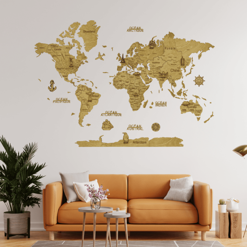 Carte du monde en bois 2D Foncée