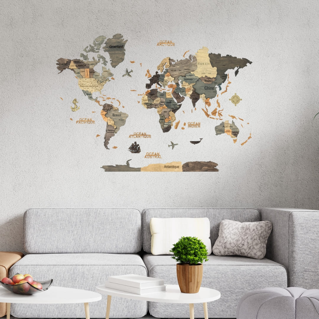 Carte du monde en bois 3D Graphite