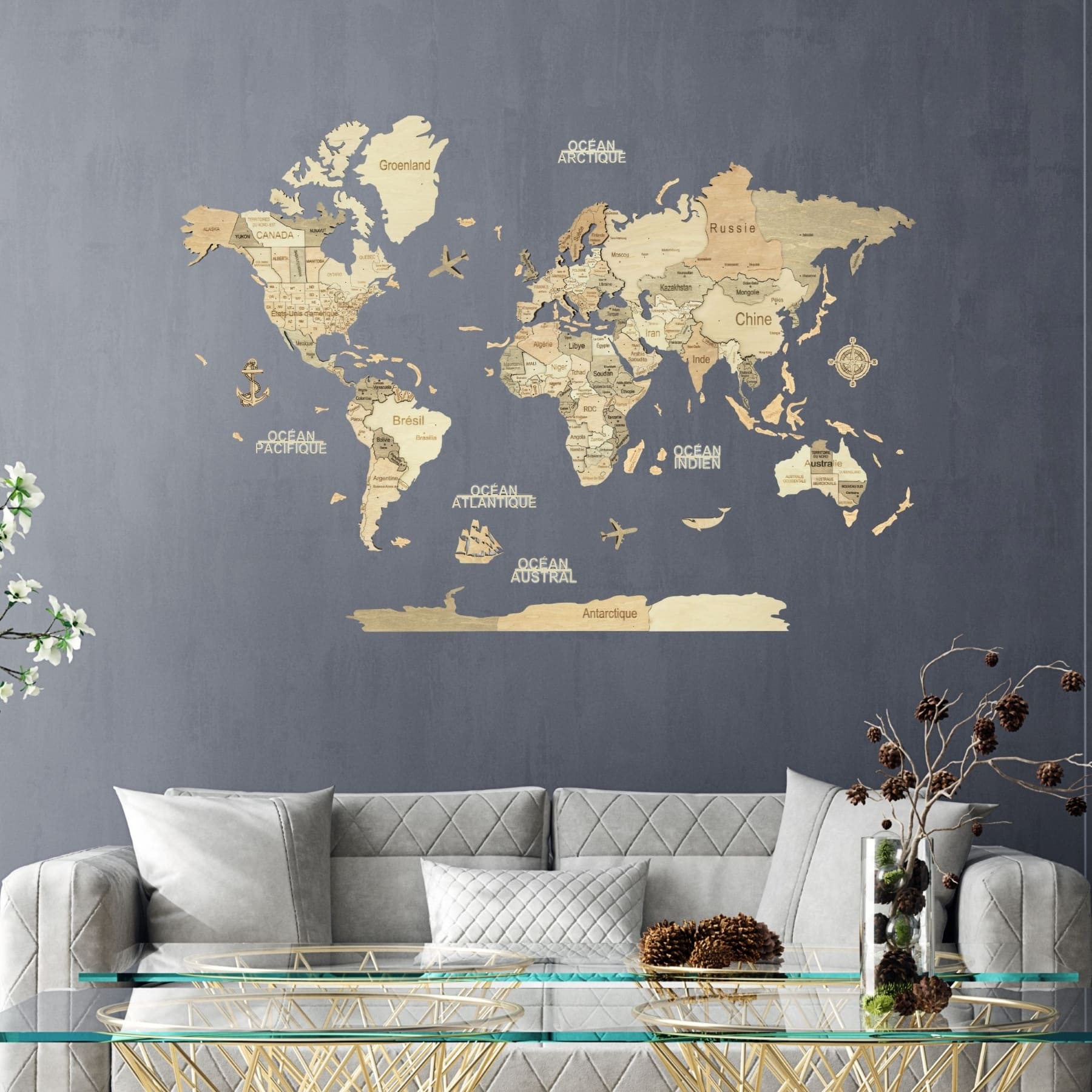 Carte du monde en bois 3D Claire