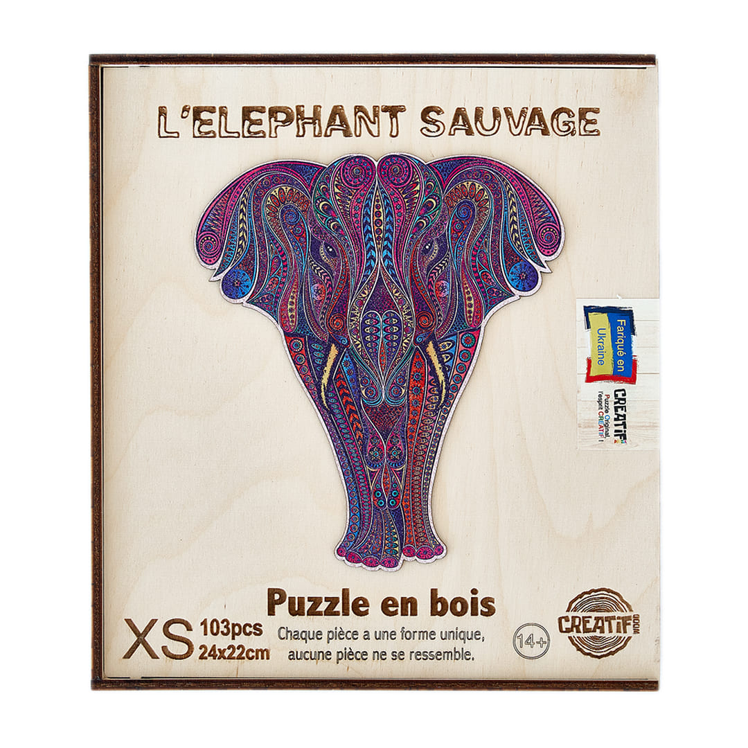 elephant puzzle 5 pieces bois de hetre massif, fait main, animaux sauvage